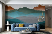 Serene abstract mural featuring soft mountain silhouettes in living rooms.