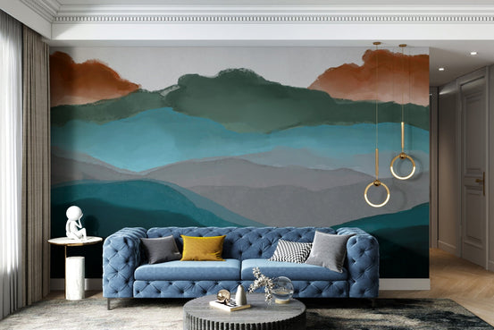 Serene abstract mural featuring soft mountain silhouettes in living rooms.