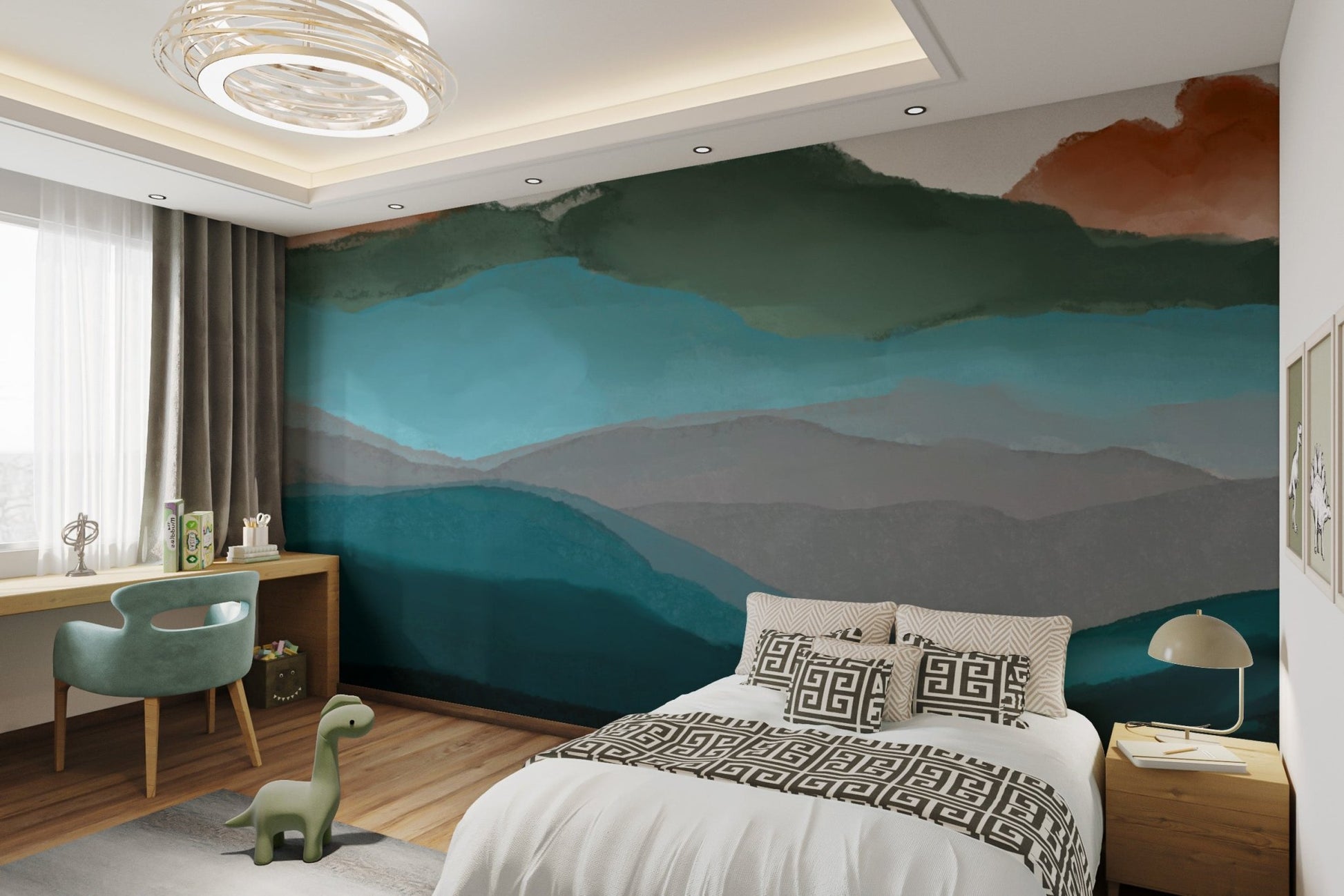 Minimalist abstract mountain mural with artistic texture.