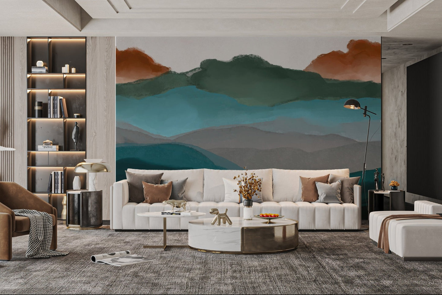 Calming wall art mural with layered mountain designs.