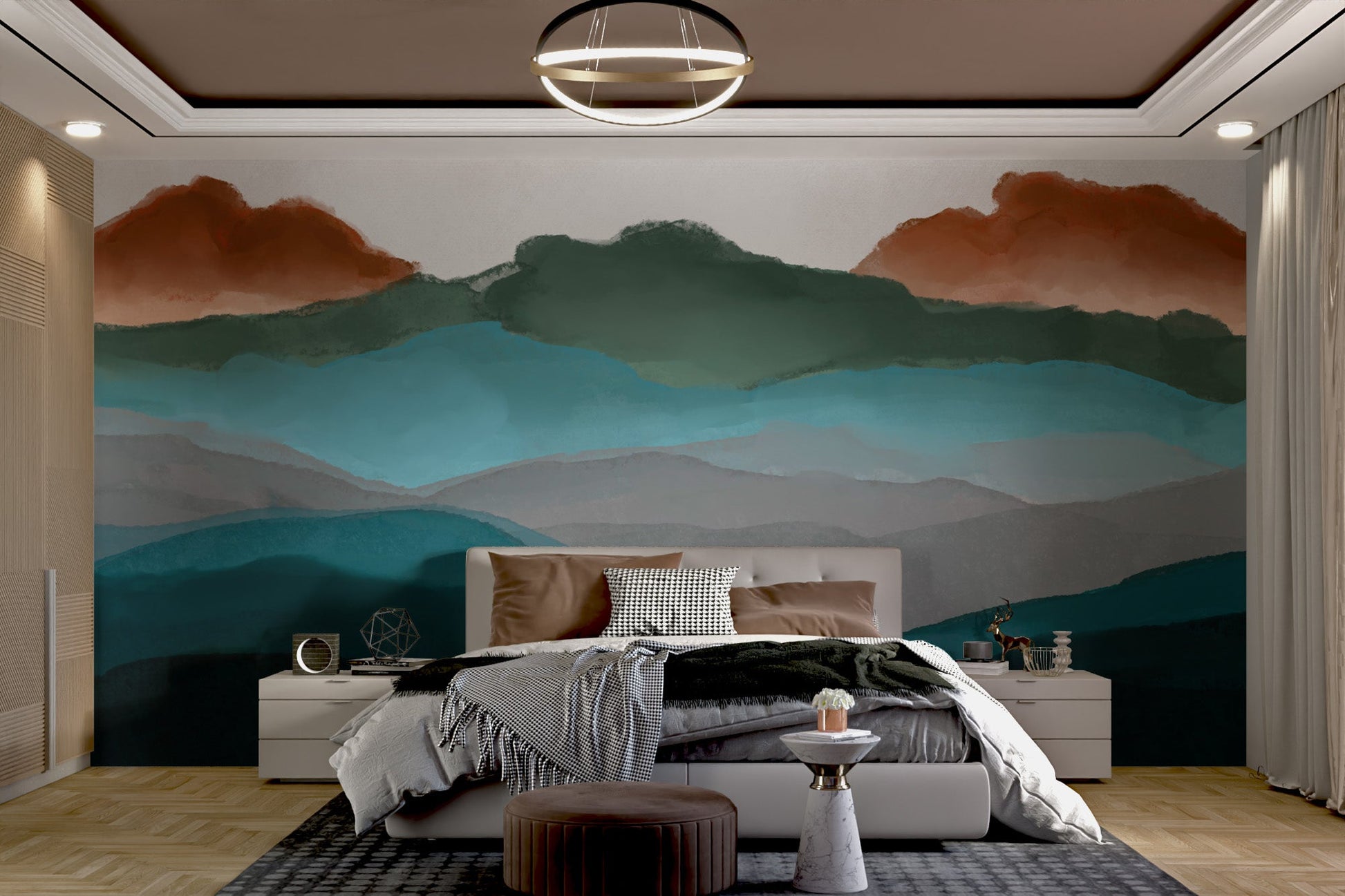 Elegant wall mural with serene mountain landscape scene on bedroom walls.