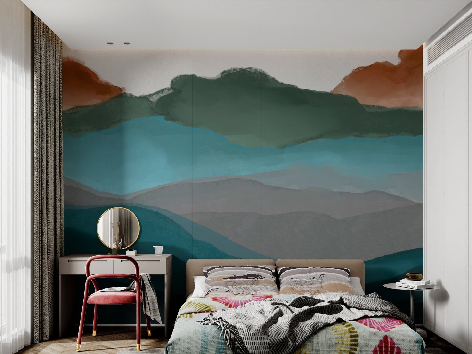 Soft abstract mountain landscape mural for tranquil rooms.