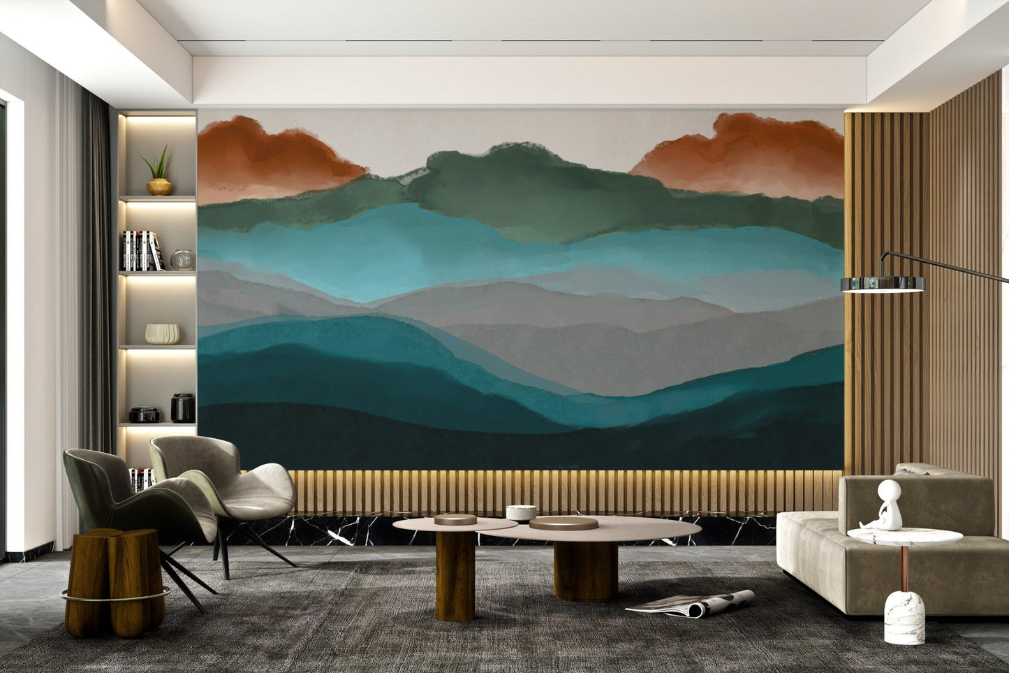 Peaceful mountain landscape art mural with calm color palette.