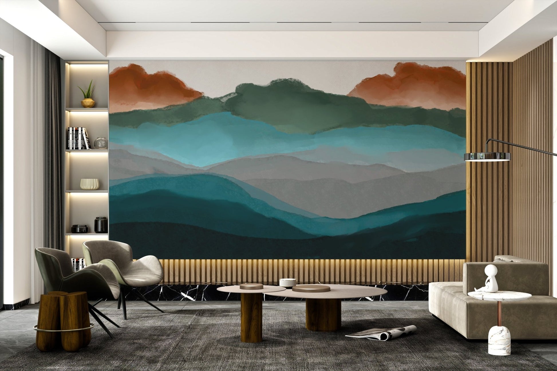 Peaceful mountain landscape art mural with calm color palette.