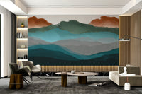 Peaceful mountain landscape art mural with calm color palette.