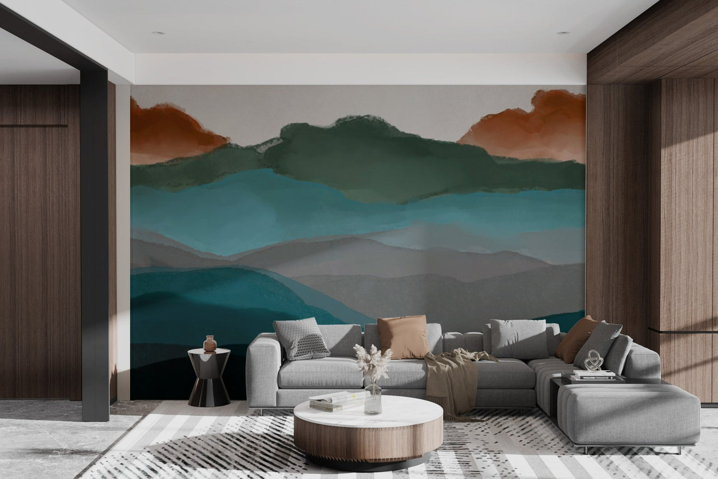 Abstract mountain scene mural creating a soothing vibe for living room.