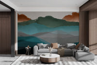 Abstract mountain scene mural creating a soothing vibe for living room.