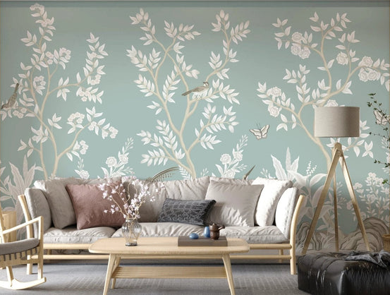 Serene Aviary Garden Mural on a living room wall.