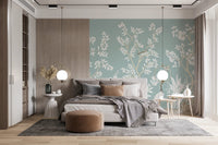 Nature themed wall mural with serene birds in a minimalist bedroom setting