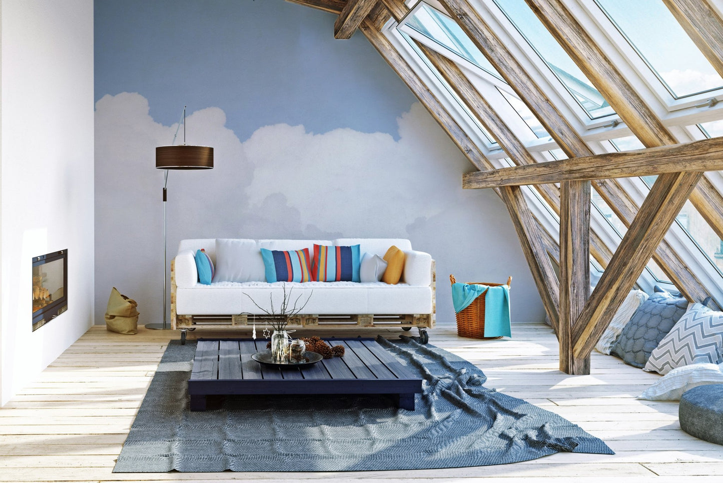 Serene azure sky and cloud mural for modern and elegant attic living room decor.
