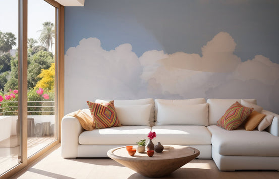 Serene mural with azure sky and fluffy clouds for peaceful living room walls.
