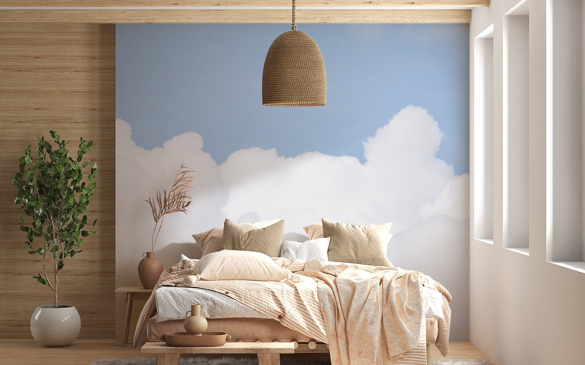 Artistic azure sky mural with clouds for tranquil bedroom ambiance.
