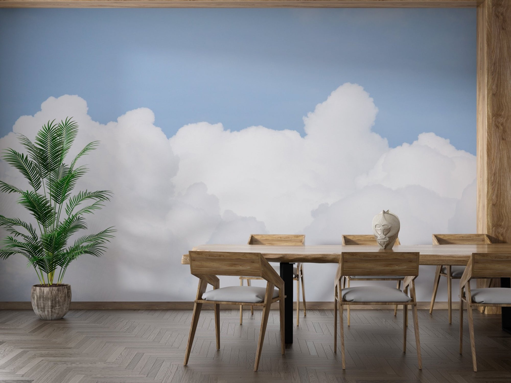 Serene azure sky mural with soft clouds for calming dining room wall decor.
