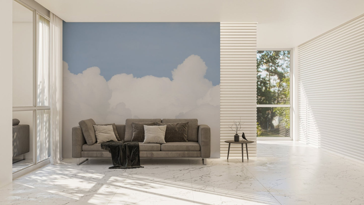 Azure sky mural showcasing soft, tranquil clouds for living interiors.
