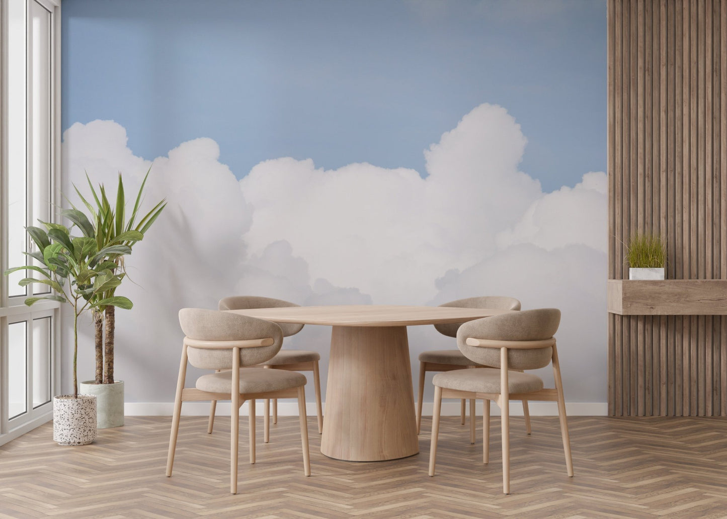 Wall mural featuring a serene azure sky with dreamy cloud patterns in dining room.
