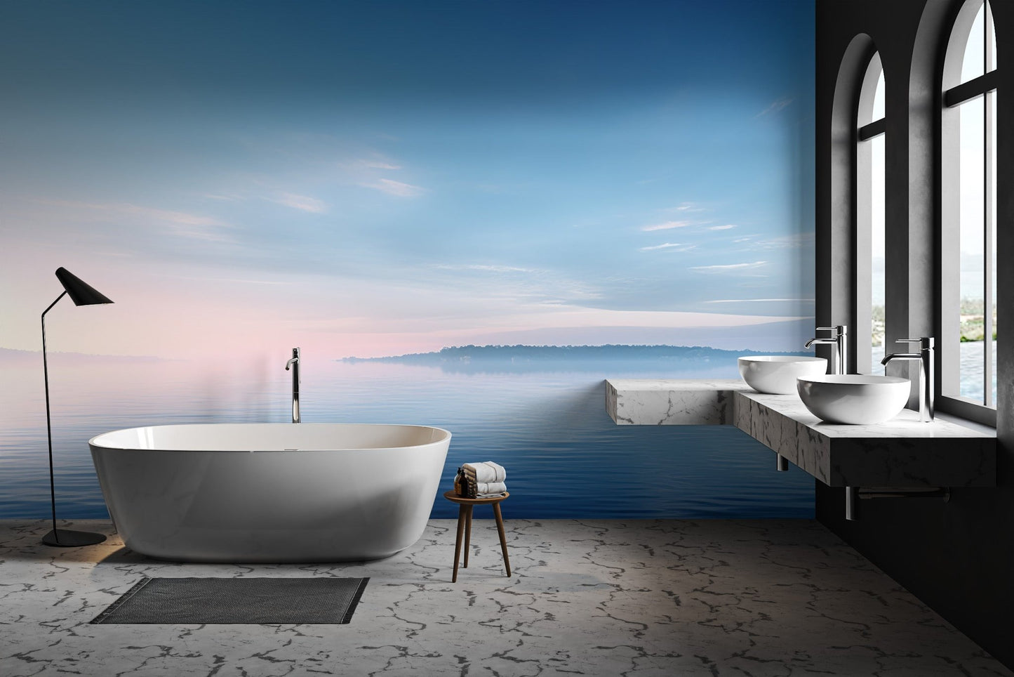 Serene bay calm water wallpaper with clear sky and distant tree line.