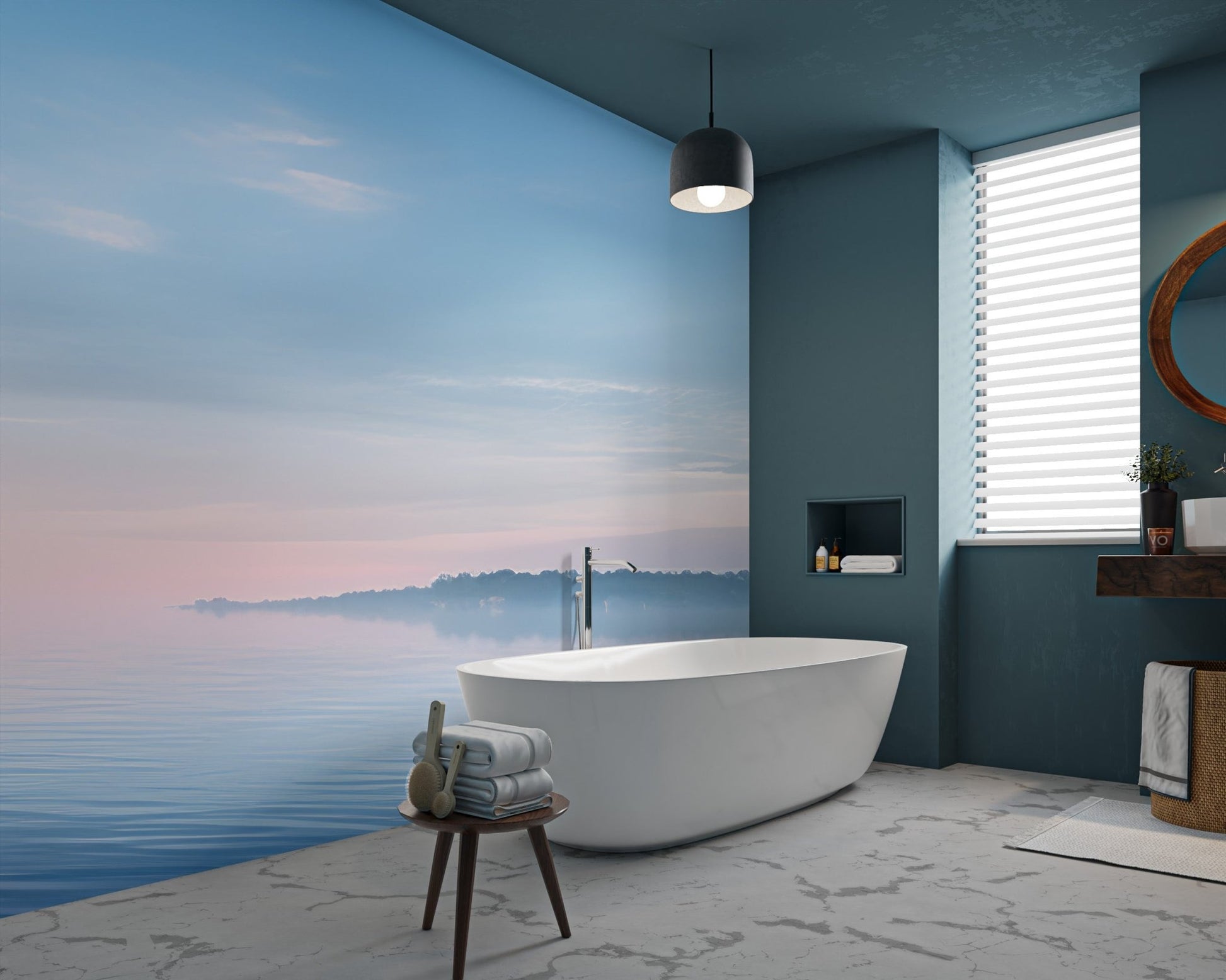 Serene bay calm water wallpaper featuring a blue horizon and soft light.