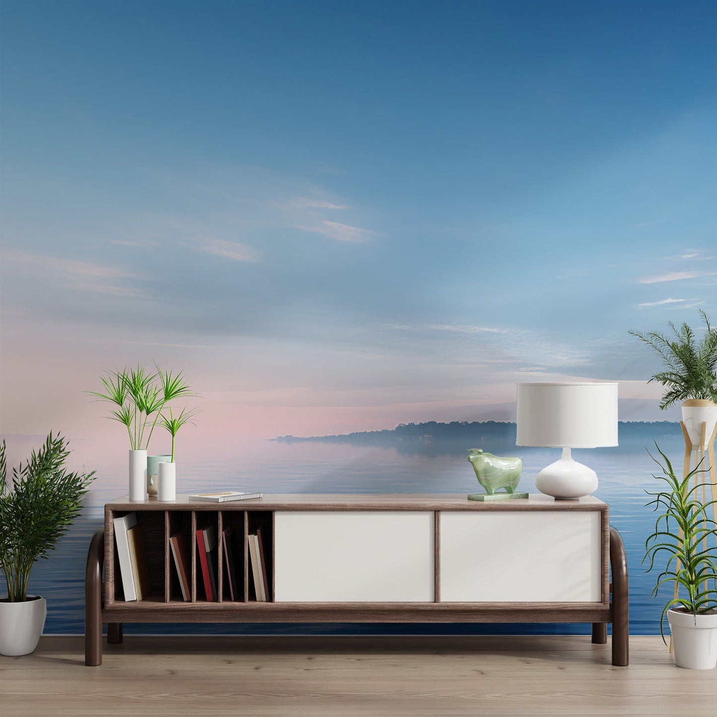 Soft light reflection on blue water wall mural for a quiet atmosphere.