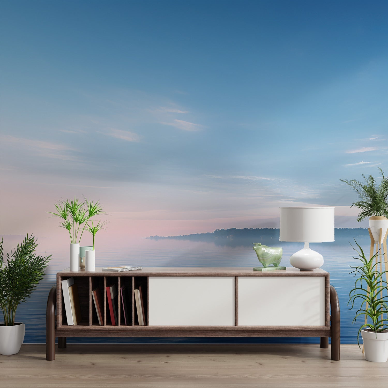 Soft light reflection on blue water wall mural for a quiet atmosphere.