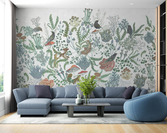 Subtle botanical birds wallpaper for modern wall decor.