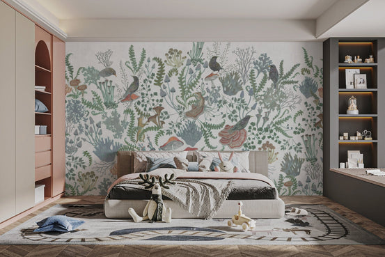 Serene birds nature wall mural with sage green foliage wallpaper.