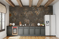 Serene Blossom Wall Mural used as a kitchen backsplash with wooden beams.