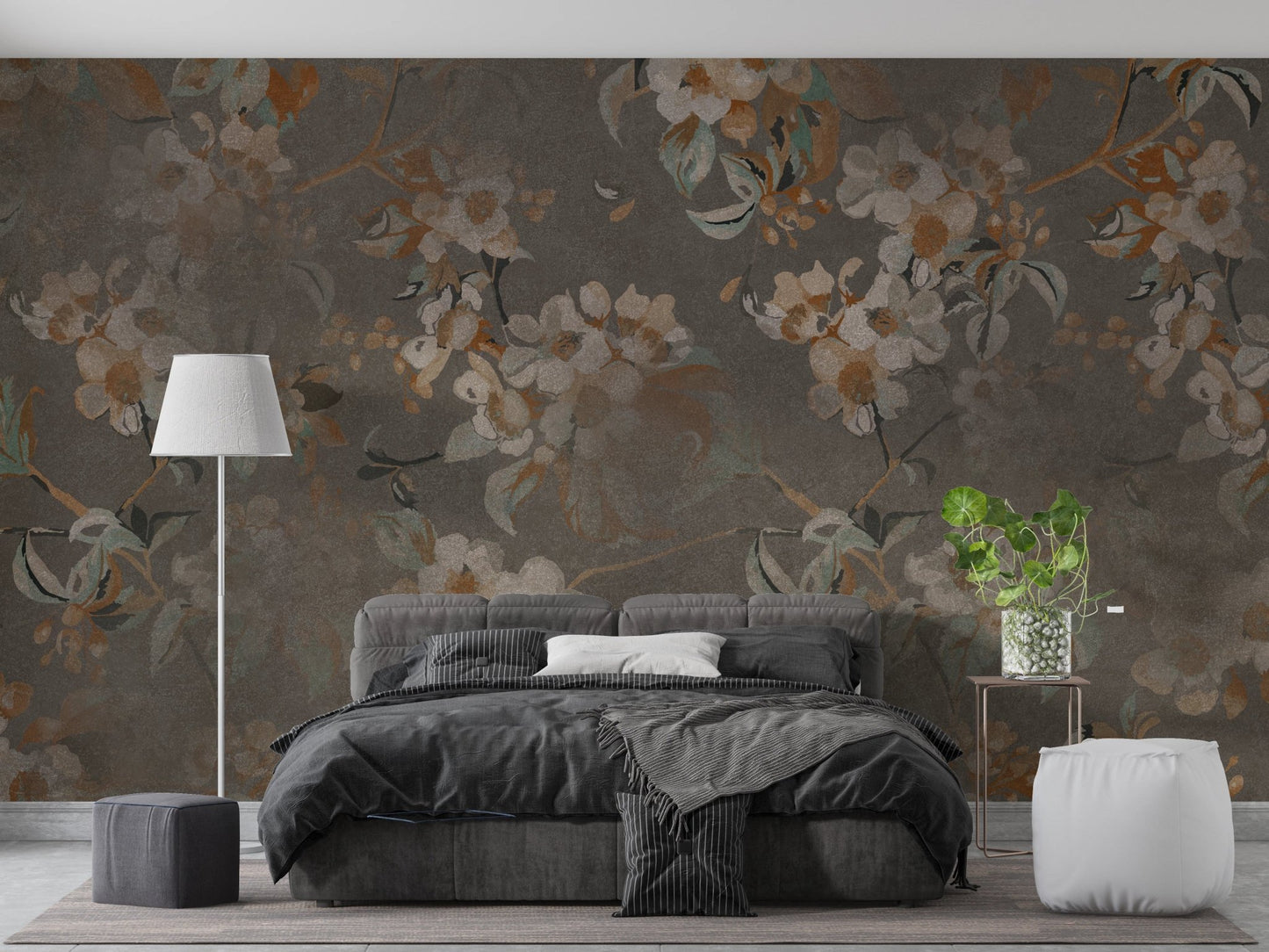 Serene Blossom Wall Mural behind a dark grey bed in a minimalist bedroom.