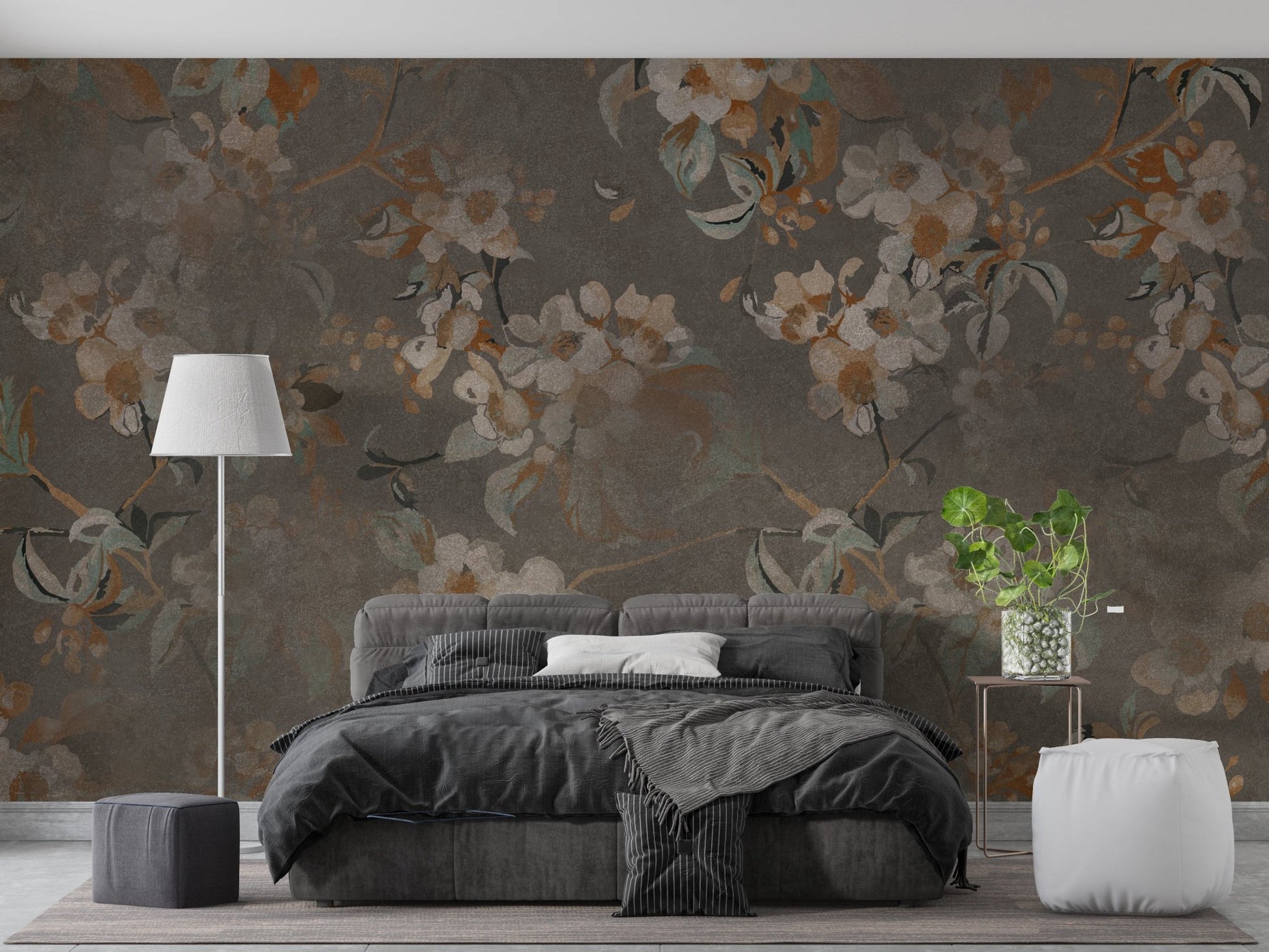Serene Blossom Wall Mural behind a dark grey bed in a minimalist bedroom.