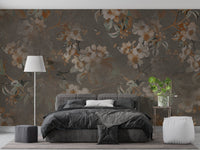 Serene Blossom Wall Mural behind a dark grey bed in a minimalist bedroom.