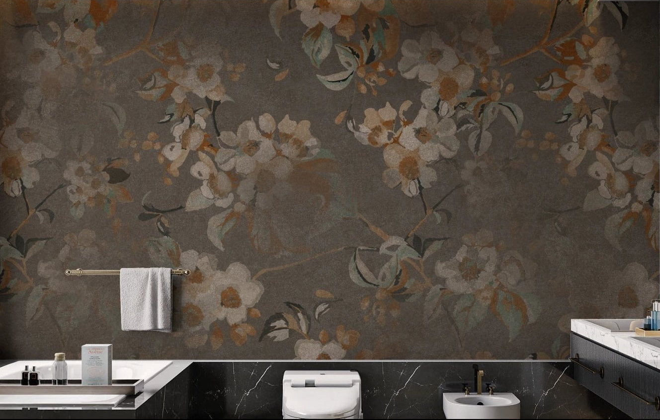 Serene Floral wall mural behind a black bathtub in a modern bathroom setting.