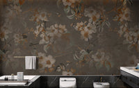 Serene Floral wall mural behind a black bathtub in a modern bathroom setting.