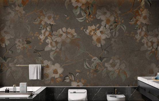 Serene Floral wall mural in a modern bathroom setting.