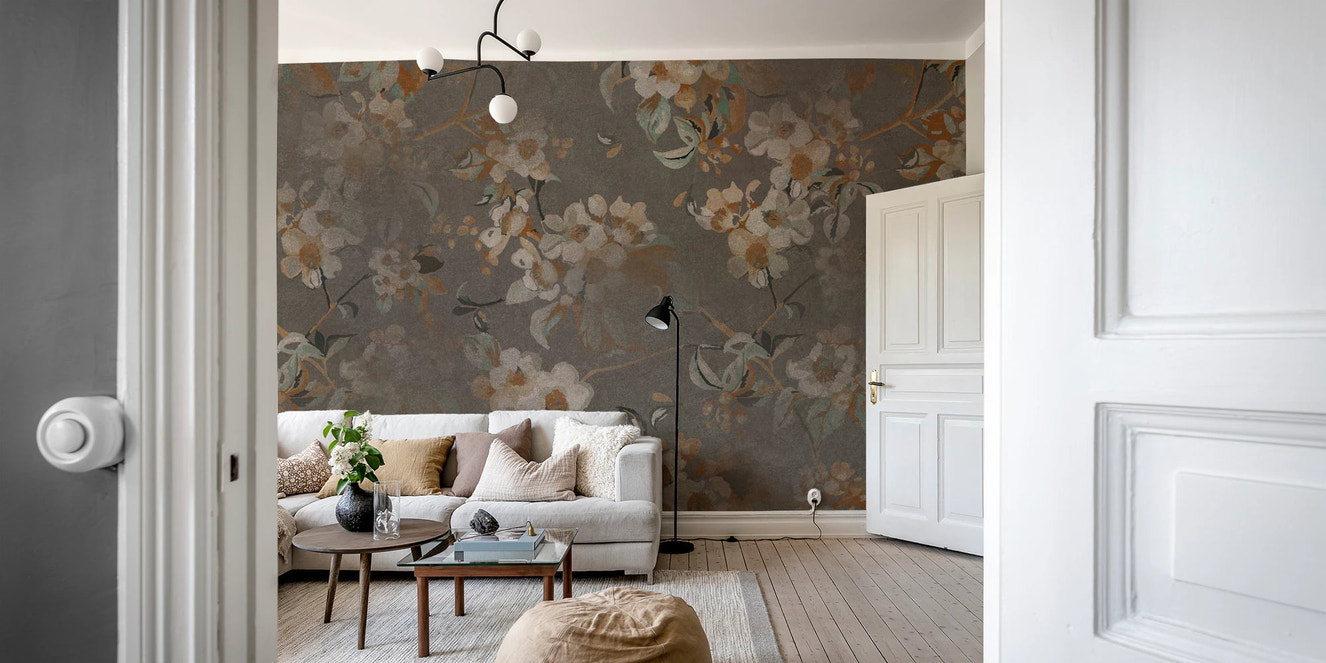 Serene Blossom Wall Mural in a white living room with a neutral sofa.