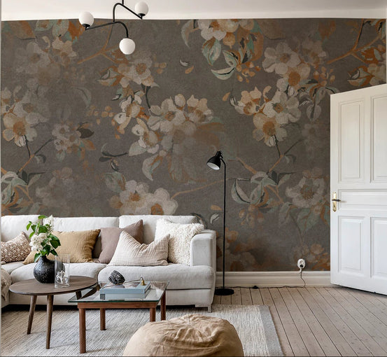 Serene Blossom Wall Mural in a white living room.