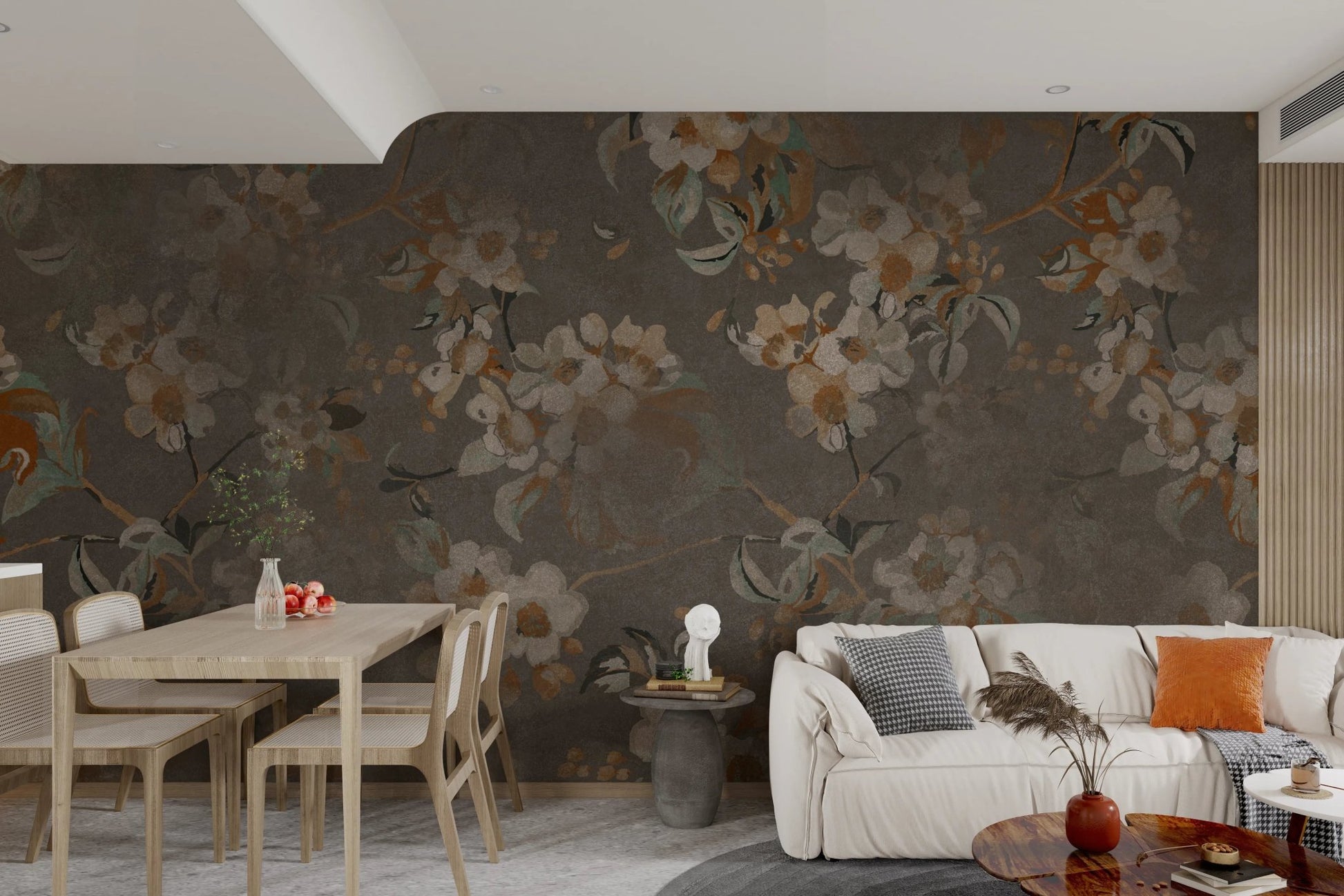 Muted blossom brown wall mural in a contemporary dining area with grey accents.