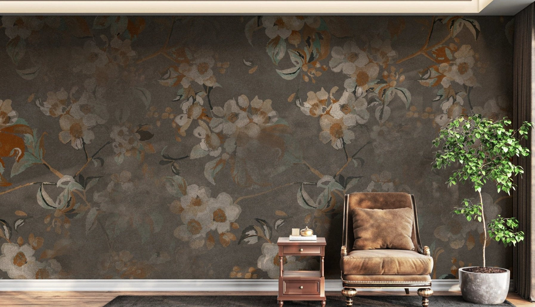 Vintage blossom flower wall mural in a minimalist lounge with a brown leather chair.