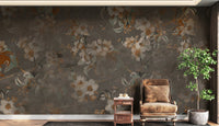 Vintage blossom flower wall mural in a minimalist lounge with a brown leather chair.