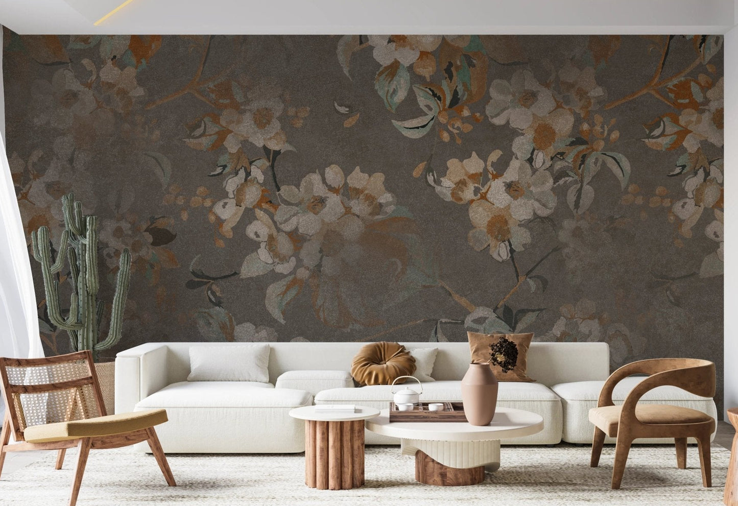 Large serene floral wall mural behind a white sectional sofa and light wood furniture.