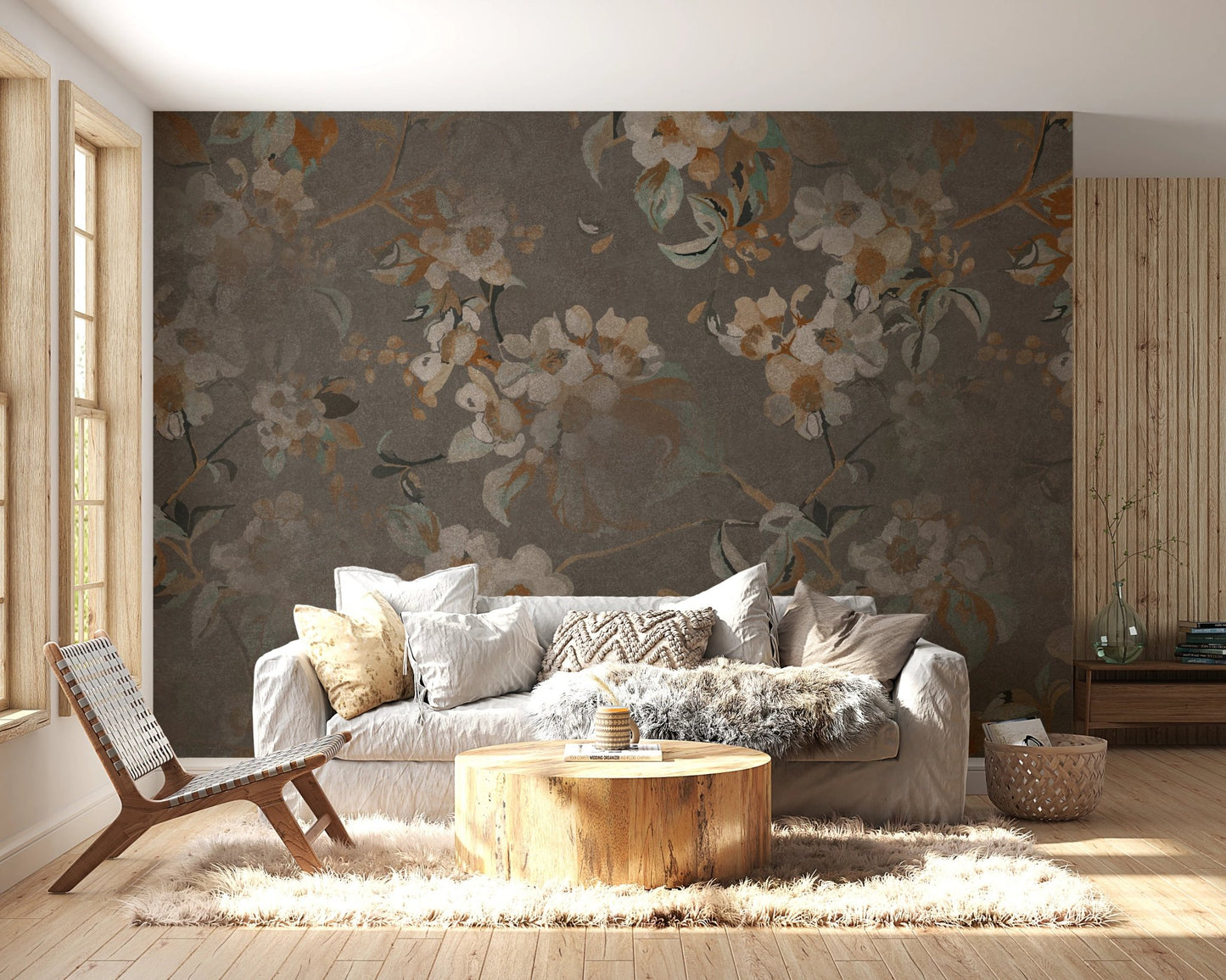 Serene Floral wall mural in a sunlit sitting room with a round wooden coffee table.