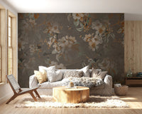 Serene Floral wall mural in a sunlit sitting room with a round wooden coffee table.