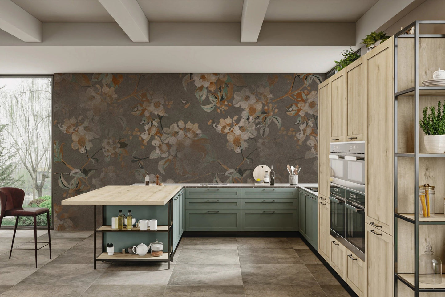 Modern kitchen mural with green cabinets and a serene feature wall.