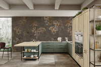 Modern kitchen mural with green cabinets and a serene feature wall.