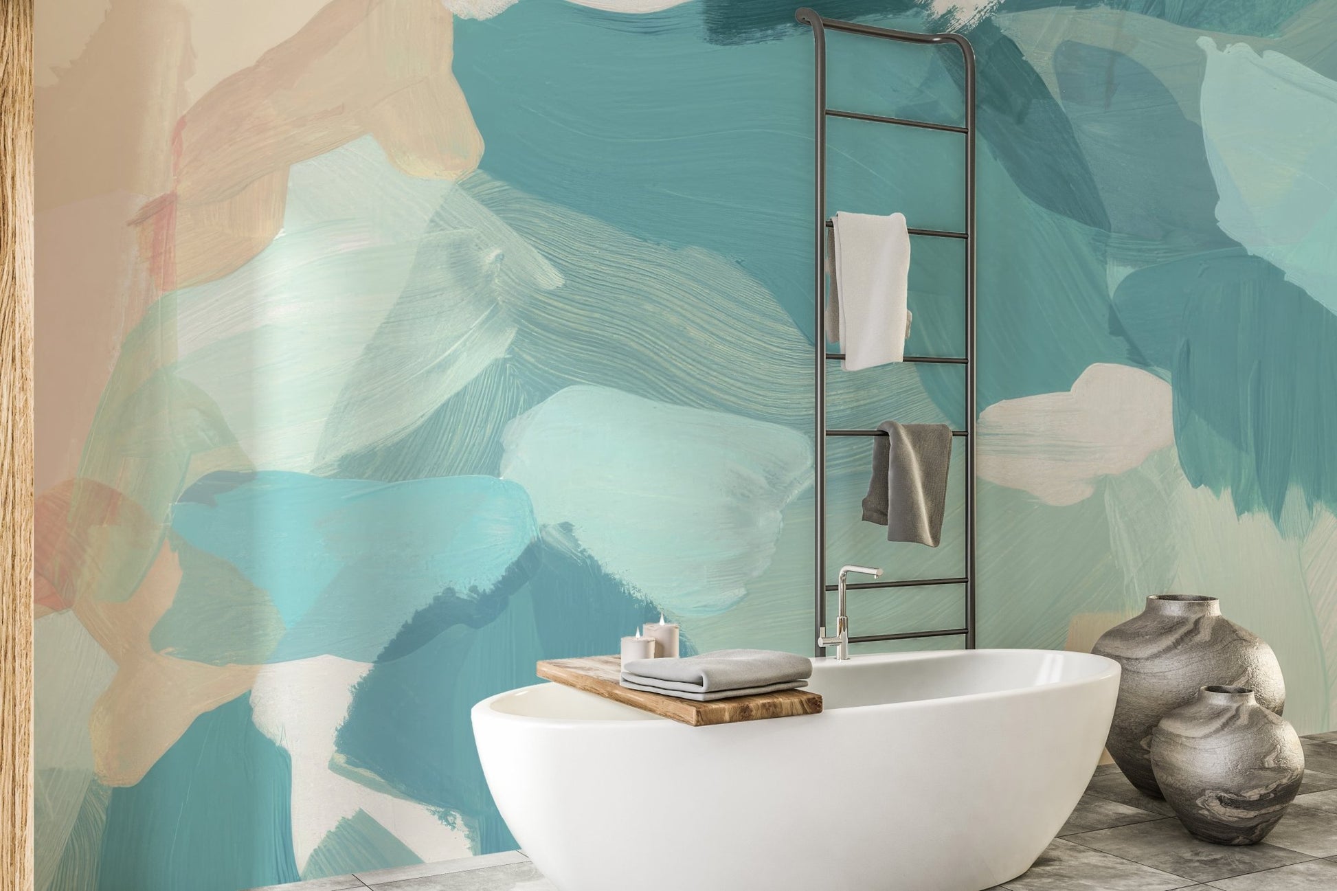 Modern blue and beige abstract wallpaper mural wall decor.