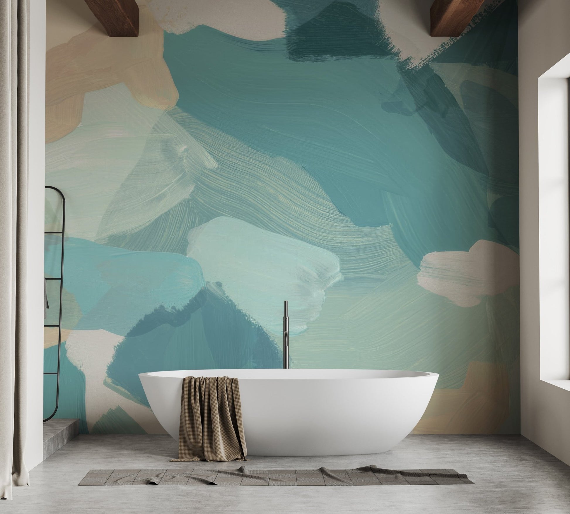 Minimalist blue paint stroke wall mural wallpaper design.