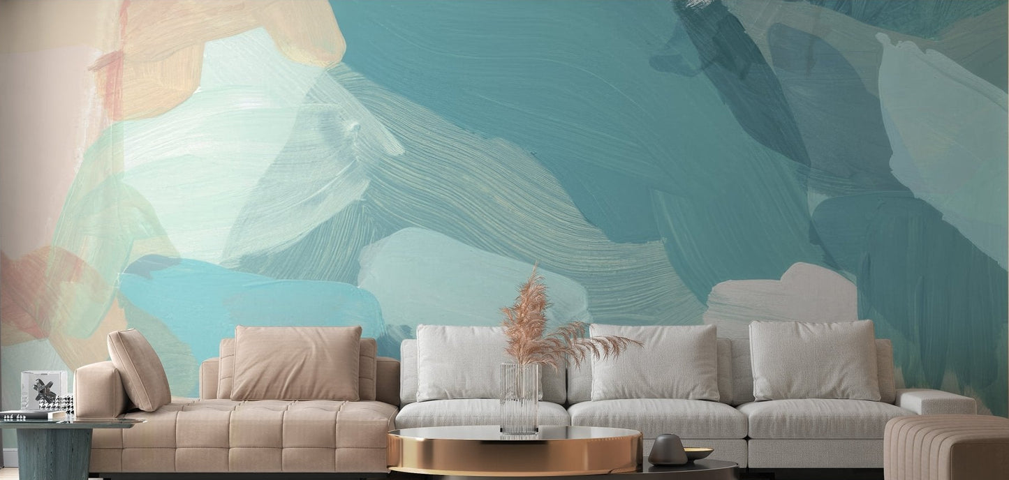 Serene blue wallpaper mural abstract teal brush wall mural design.