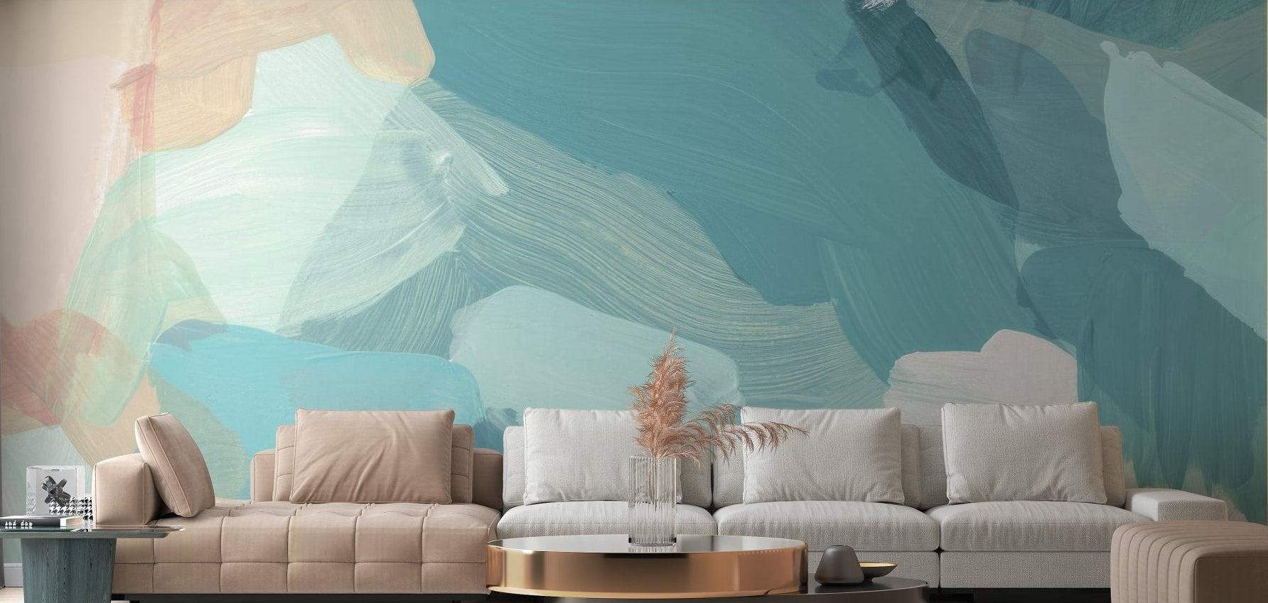 Serene blue wallpaper mural abstract teal brush wall mural design.