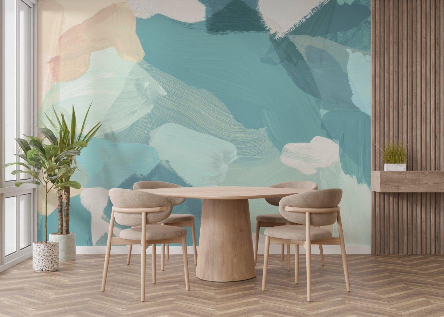 Light blue abstract wallpaper mural with artistic strokes.