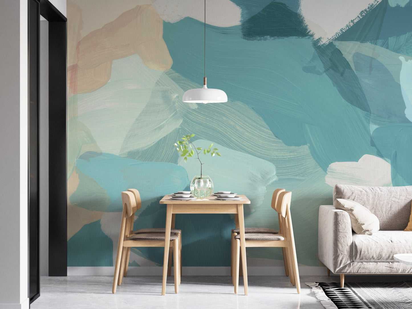 Neutral beige and blue abstract wallpaper mural backdrop.