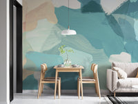 Neutral beige and blue abstract wallpaper mural backdrop.