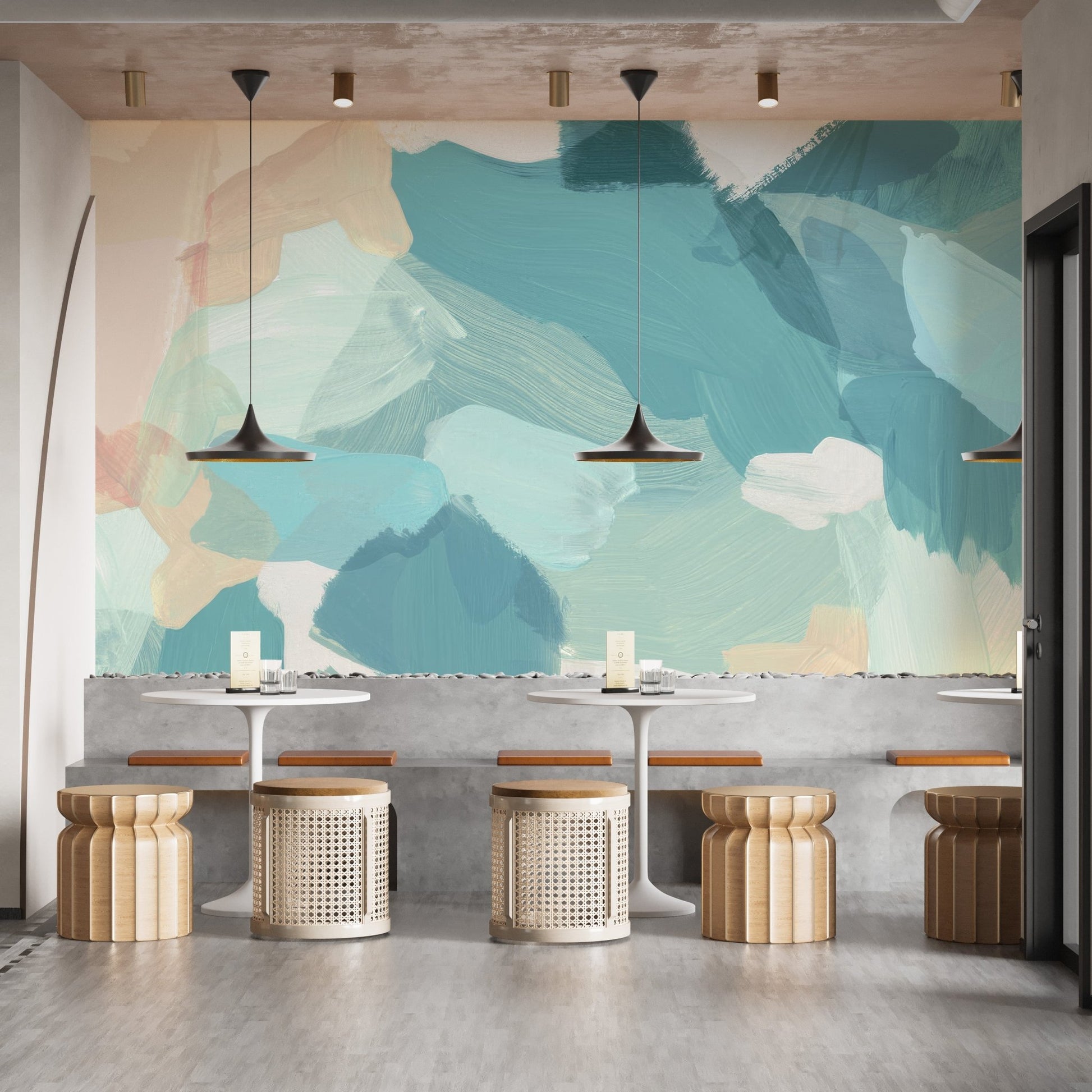 Coastal inspired blue and sand tone wall mural wallpaper.